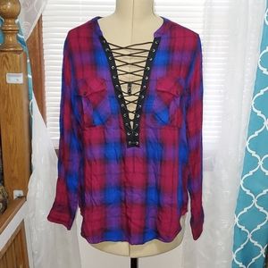 Express Lace up Plaid Top